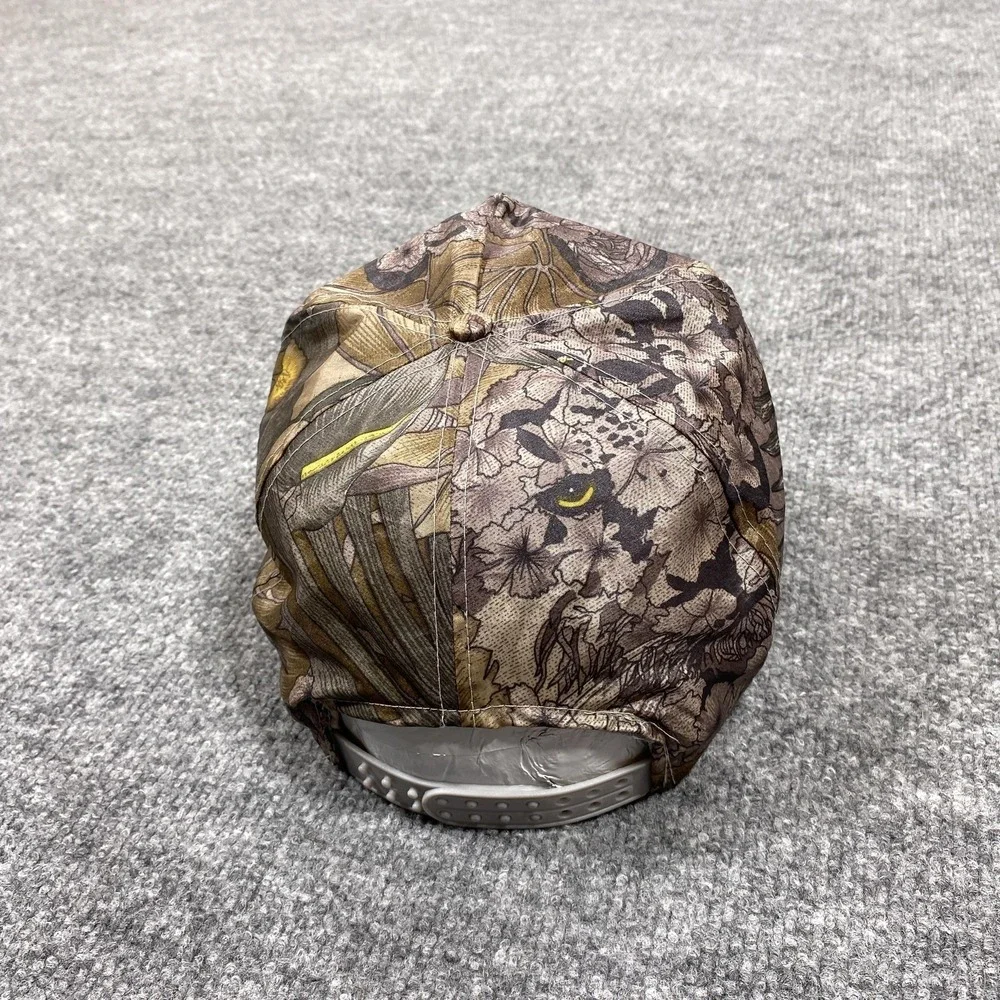 Vintage Hat Cap Snap Back Mens Brown Floral Canvas Rope Cat Face Panther